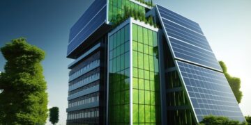 Premium Photo | Green office building with solar panels and energy ...